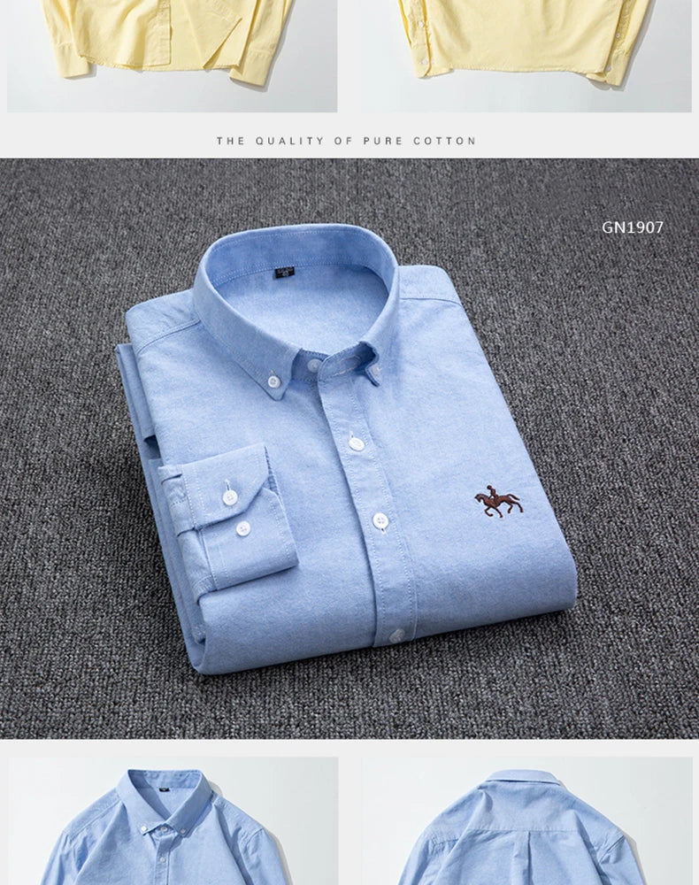 Cotton Oxford Shirt For Men Long Sleeve Plaid Striped Casual Shirts Male Pocket Regular-Fit Button-Down Work Man Dress Shirt