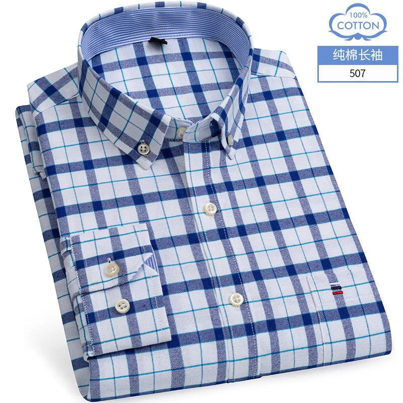 Cotton Oxford Shirt For Men Long Sleeve Plaid Striped Casual Shirts Male Pocket Regular-Fit Button-Down Work Man Dress Shirt