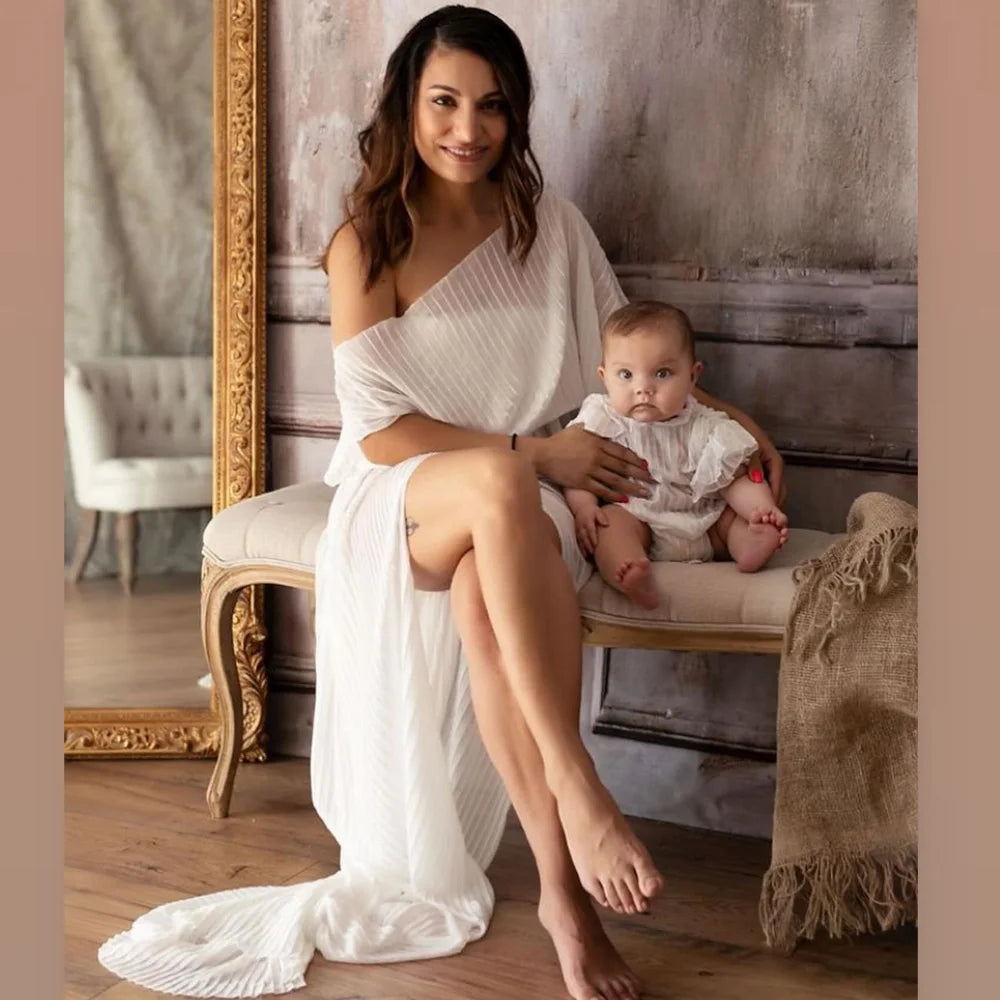 Maternity Dresses For Baby Showers One Necked Single Sleeved Pleated Dress Photo Shoot Photography Dress For Women