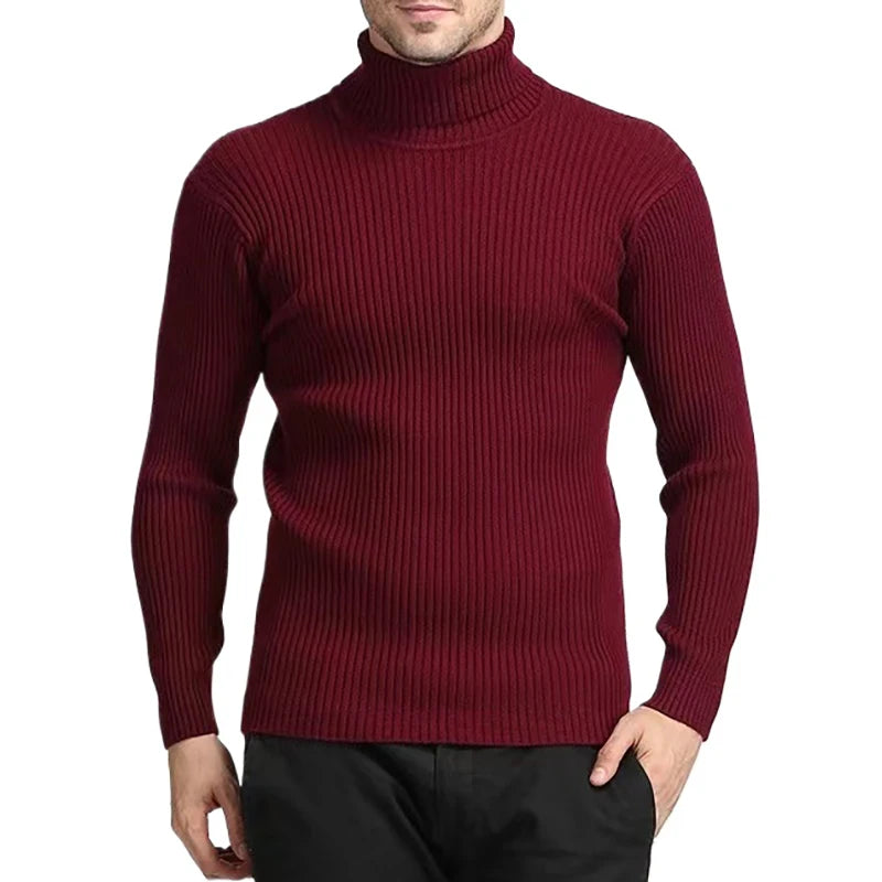 New Men's Turtleneck Sweaters Autumn Knitted Striped Streetwear Warm Long Sleeved Pullover Breathable Solid Color Basic Coat