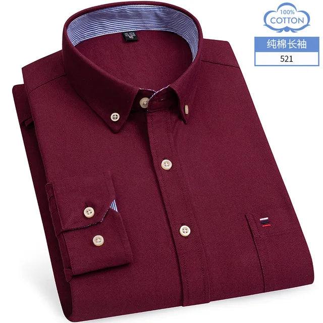 Cotton Oxford Shirt For Men Long Sleeve Plaid Striped Casual Shirts Male Pocket Regular-Fit Button-Down Work Man Dress Shirt