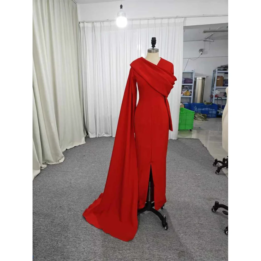Customized Elegant Red Womens Dresses Long Sleeves Pleated Straight Ankle Length Wedding Party Dresses Formal Ocn Dress