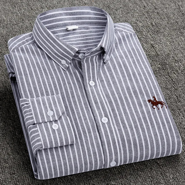 Cotton Oxford Shirt For Men Long Sleeve Plaid Striped Casual Shirts Male Pocket Regular-Fit Button-Down Work Man Dress Shirt