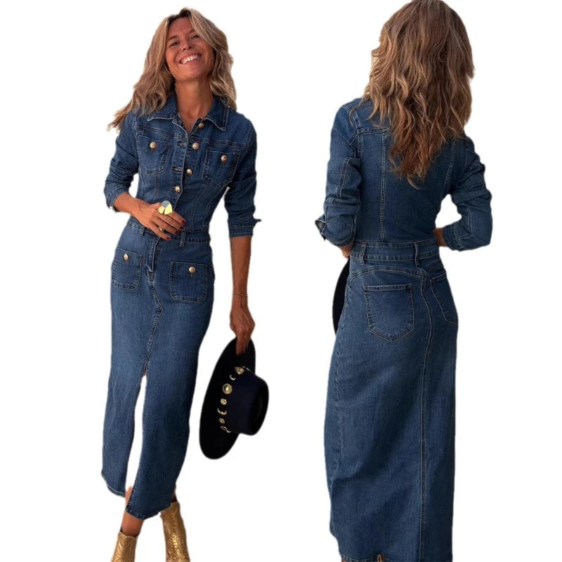 Denim Dresses Mid Length Dress Women Single Breasted Slim Fit Streetwear Turn Down Collar Elegant Long Party Club Vestidos Y2k
