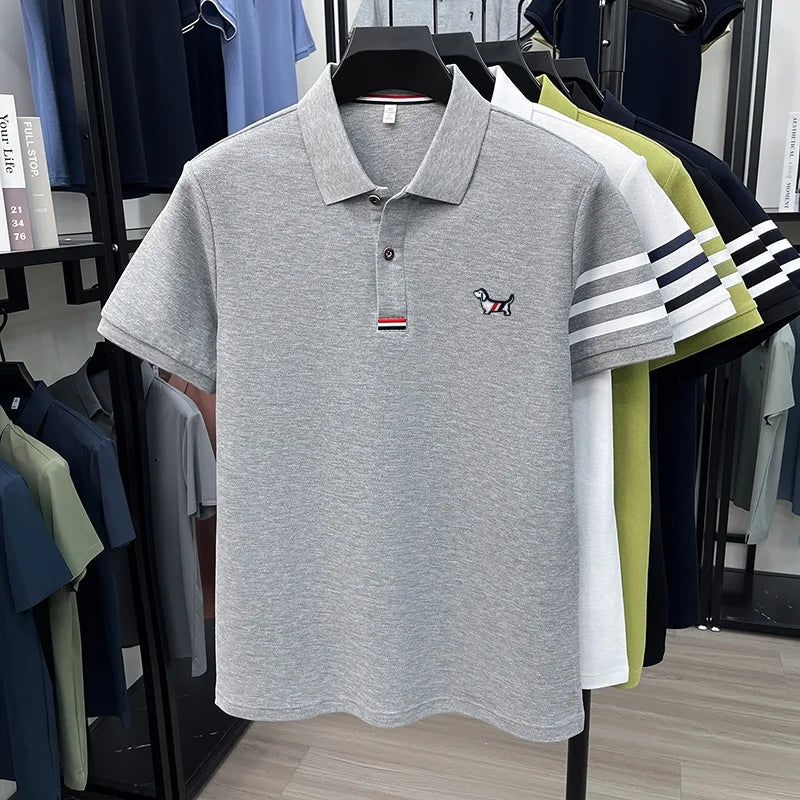 100% Cotton Summer Men's Short-Sleeved Polo Shirt Lapel Button Striped Print Business Casual Golf High-Quality Men's Clothing