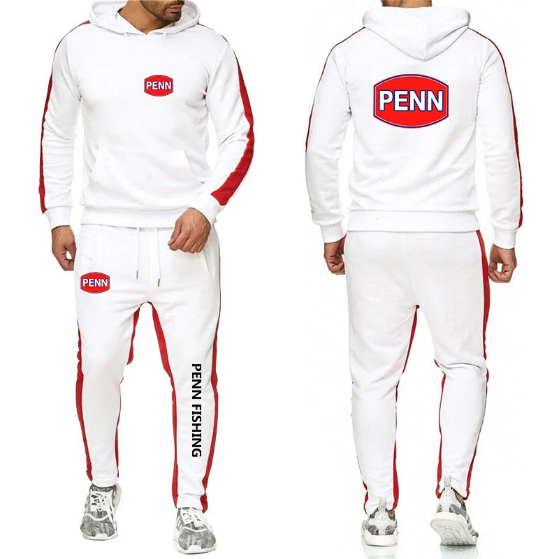 2024 Men's New Penn Fishing Reel Spring and Autumn Solid Color Sweatshirt Set Casual Long-sleeved Hoodies Pants Two Piece Suit