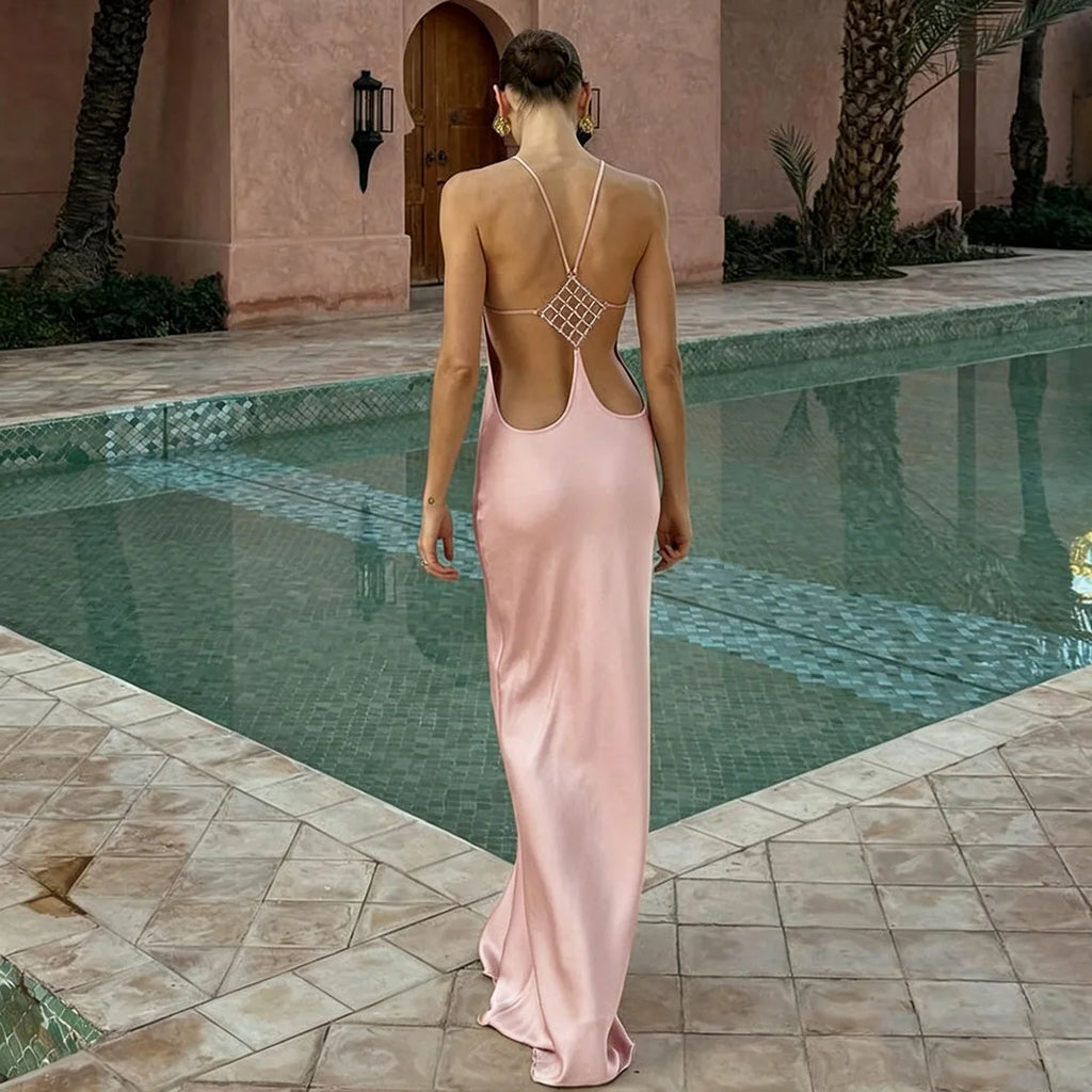Vacation Women's Casual Dresses Sexy Socialite Style Long Dress Rhinestone Decor Slim Solid Backless Women's Gowns