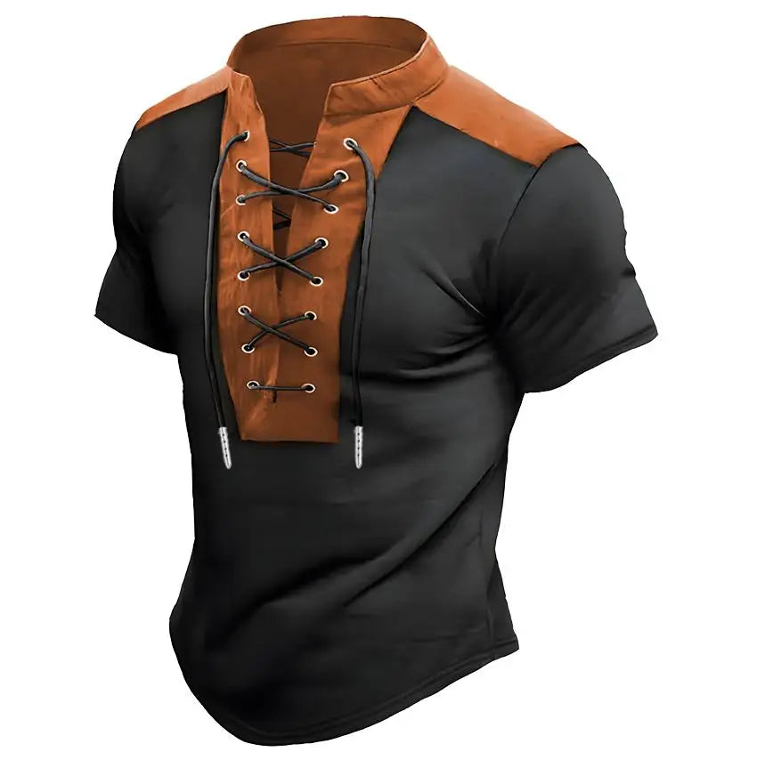 Men's V-neck Casual Beach Short Sleeved Color Matching Men's Top T-shirt Retro Streetwear