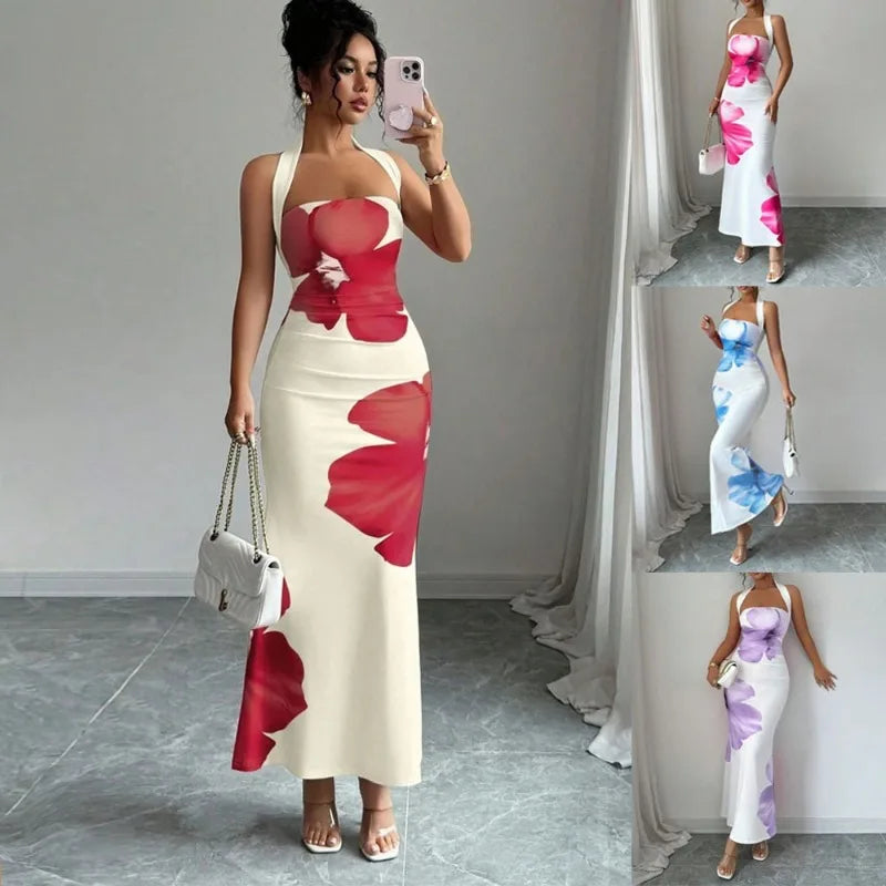 Women's Clothing Popular Long Dress Neck Halter Long Dress Hip Print Dress Birthday Dress for Women Summer Dress Mini