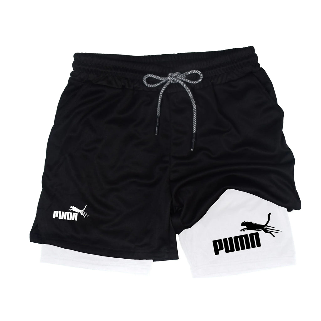 Men's Quick Dry Breathable 2-in-1 Double Layer Sports Shorts, Elastic Compression Liner Athletic Shorts