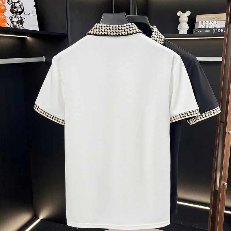 Men Contrast Collar Polo Shirt Short Sleeve Houndstooth Trim Casual Summer Top Breathable Pique Tee Regular Fit Fashion Shirt