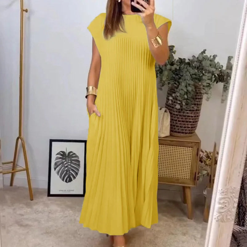 Women's Sleeveless Dress, Mid-Length Pleated Solid-Colour Round Neck Loose-Fit Casual Long Dress for Everyday Commuting