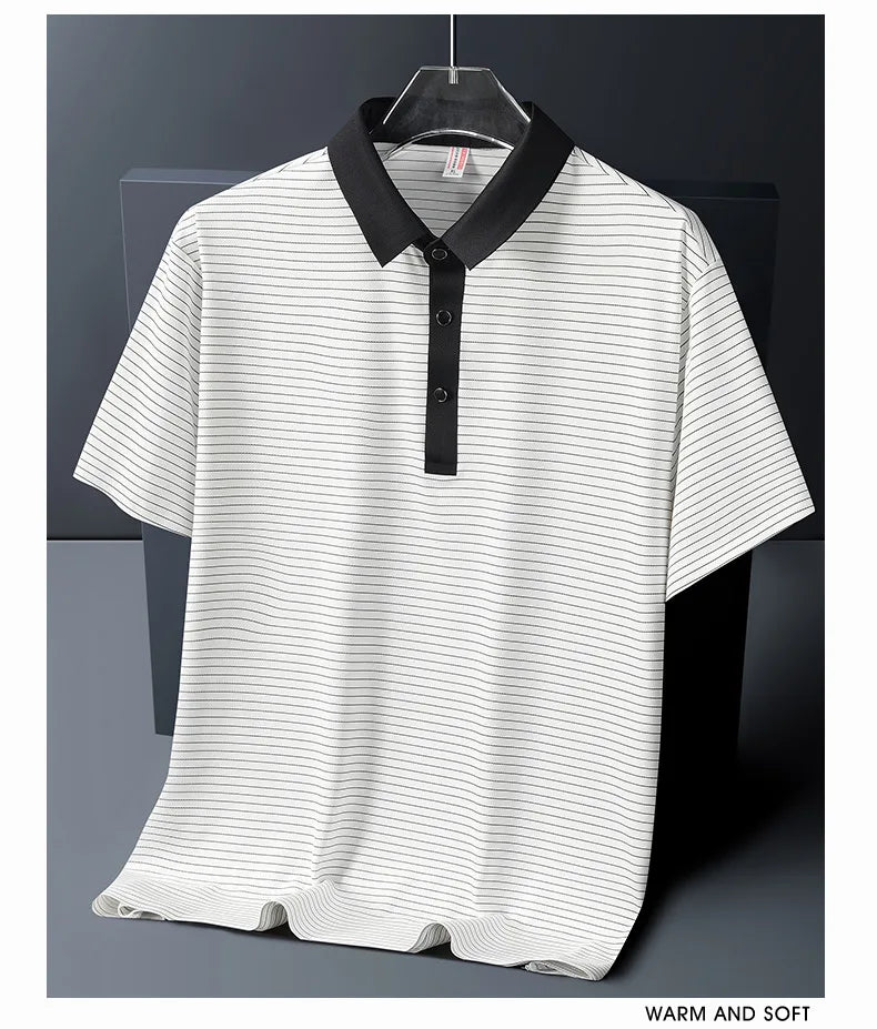 Men's Polo Shirt Summer New Lapel Men's Short Sleeve Polo Shirt Striped Ice Silk Business Casual Men's Polo Shirt M-6XL 7XL 8XL