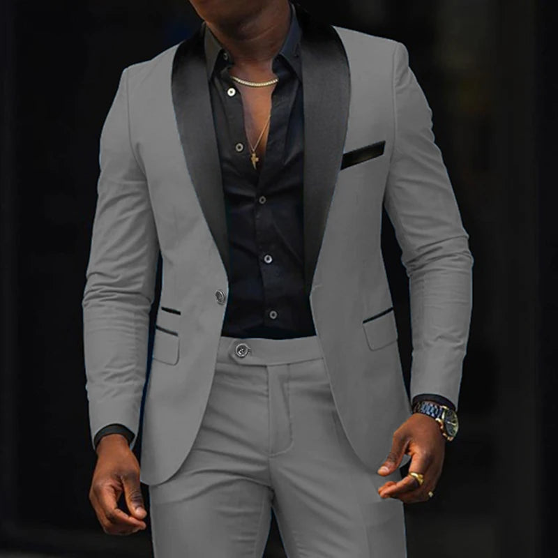Fashion Men's Suits 2 Pieces Stretch Fabric Double Slit Solid Color Business Slim Dress Blazers Jacket Suit Coat Pants Trousers