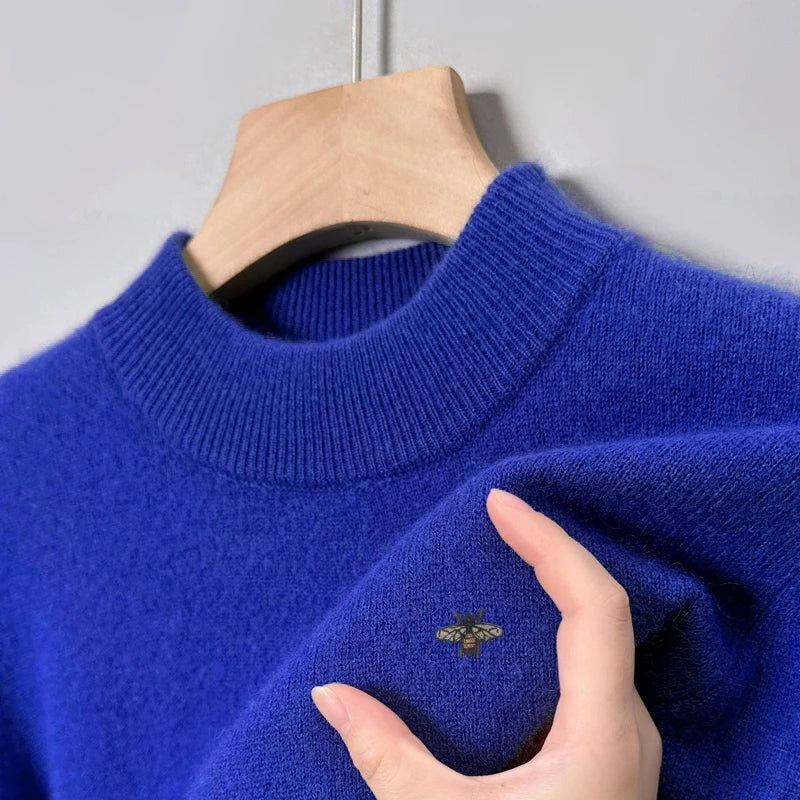 Hot Sale Luxury Brand Men's Sweater Mock-Neck Bee Embroidery Pullover Soft Warm Fashion Exquisite Thick Autumn Winter Men's Wear