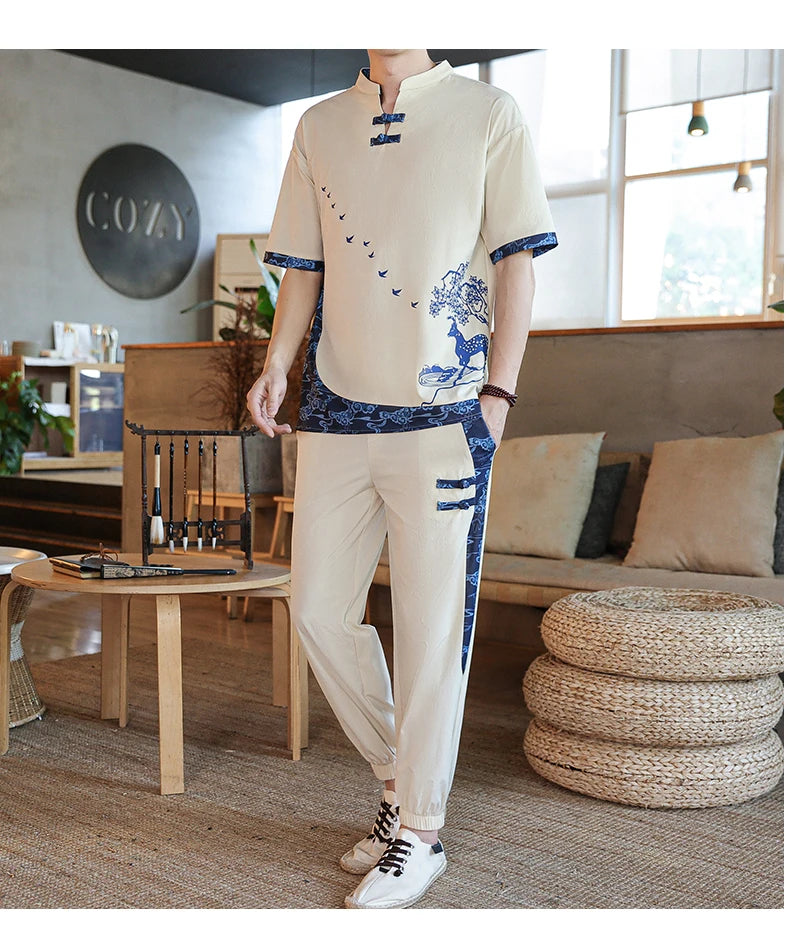 Shirts + Pants summer Cotton linen shorts sleeve shirts Men's Casual Sets Male Fashion trousers and shirts men size M-4XL TZ020