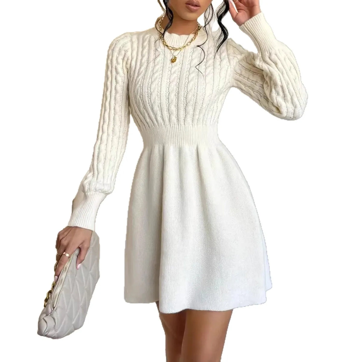 Knitted Dress Women 2025 Autumn Winter New Waist-tied Round Neck Ribbed Pattern Dress