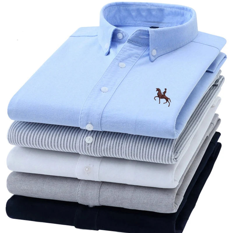 Cotton Oxford Shirt For Men Long Sleeve Plaid Striped Casual Shirts Male Pocket Regular-Fit Button-Down Work Man Dress Shirt