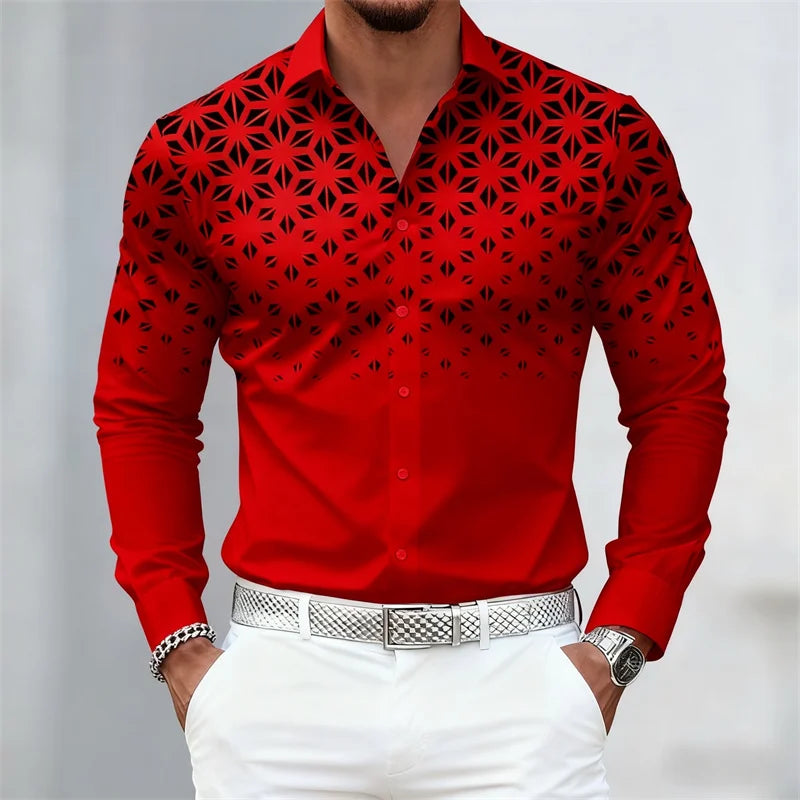 17 Colors of Men's Shirts, Fashionable Geometric Pattern Print Long Sleeve Shirts, Personalized Trendy Slim Lapel Casual Shirts