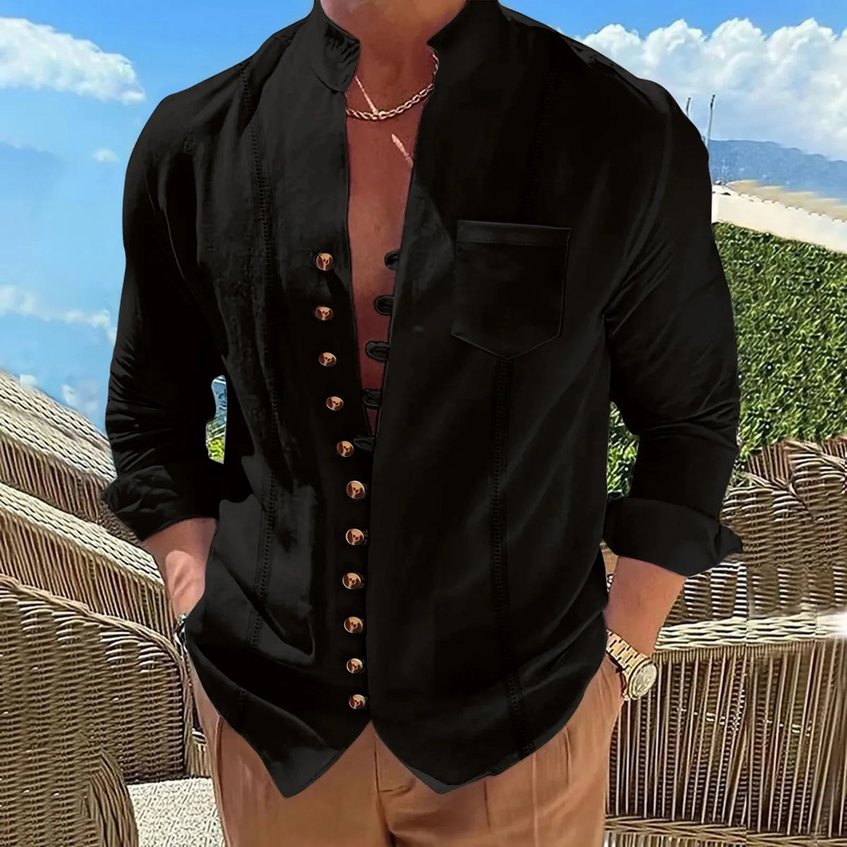 Men's Linen Retro Collar Long Sleeved Shirt, Casual and Comfortable, Multi Button Solid Color Striped Cardigan
