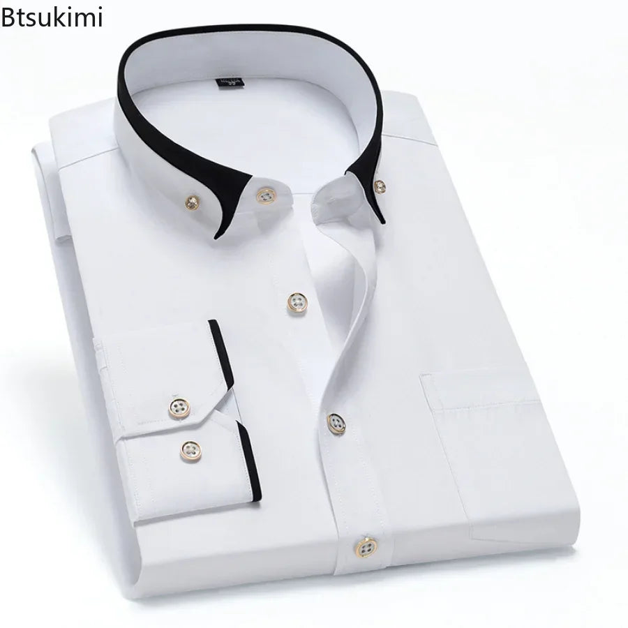 2026 Men's Long Sleeve Business Dress Shirts Solid Formal Button-Down Social Collar Camisa Elastic Anti-wrinkle Casual Men Shirt