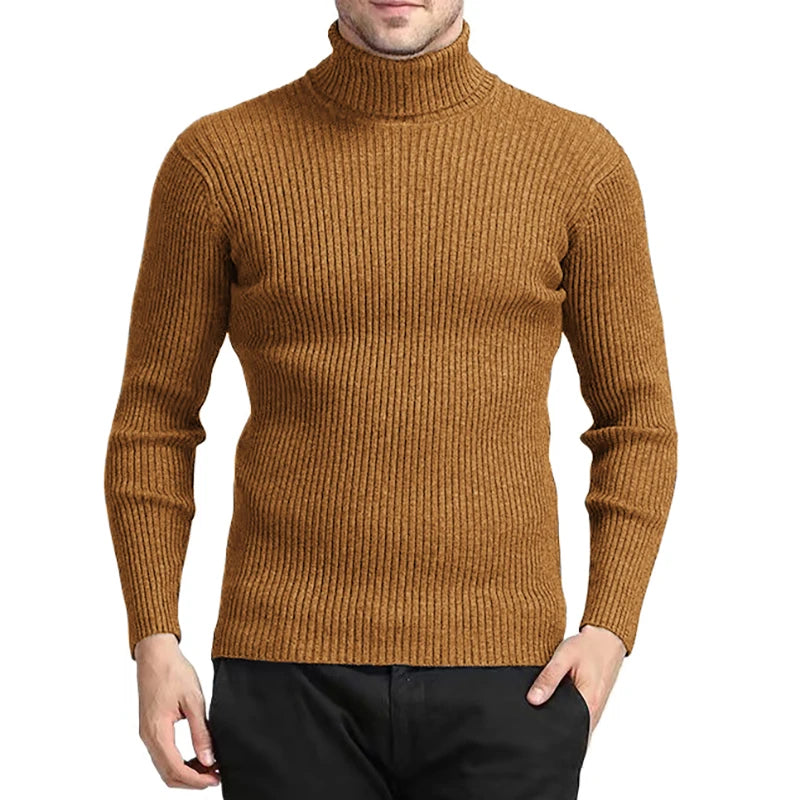New Men's Turtleneck Sweaters Autumn Knitted Striped Streetwear Warm Long Sleeved Pullover Breathable Solid Color Basic Coat