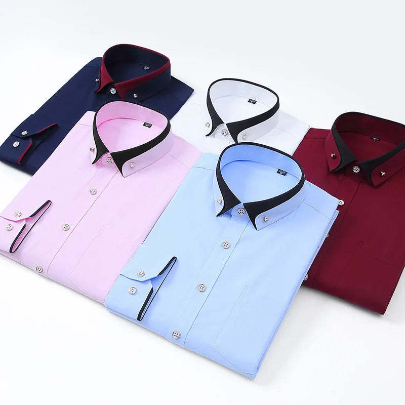 2026 Men's Long Sleeve Business Dress Shirts Solid Formal Button-Down Social Collar Camisa Elastic Anti-wrinkle Casual Men Shirt