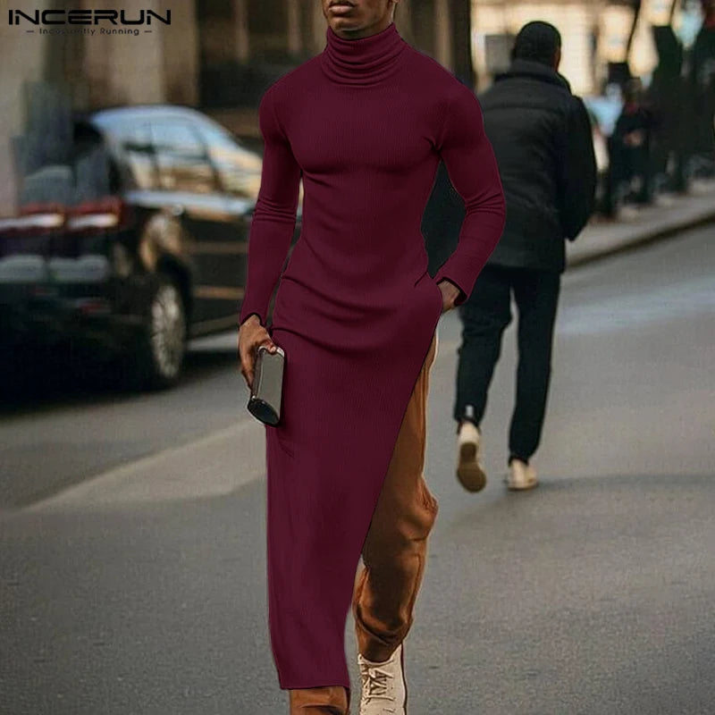 INCERUN Tops 2024 American Style Fashion Men Solid Texture Sweaters Casual Streetwear Hot Sale High Neck Long Sleeved Pullovers