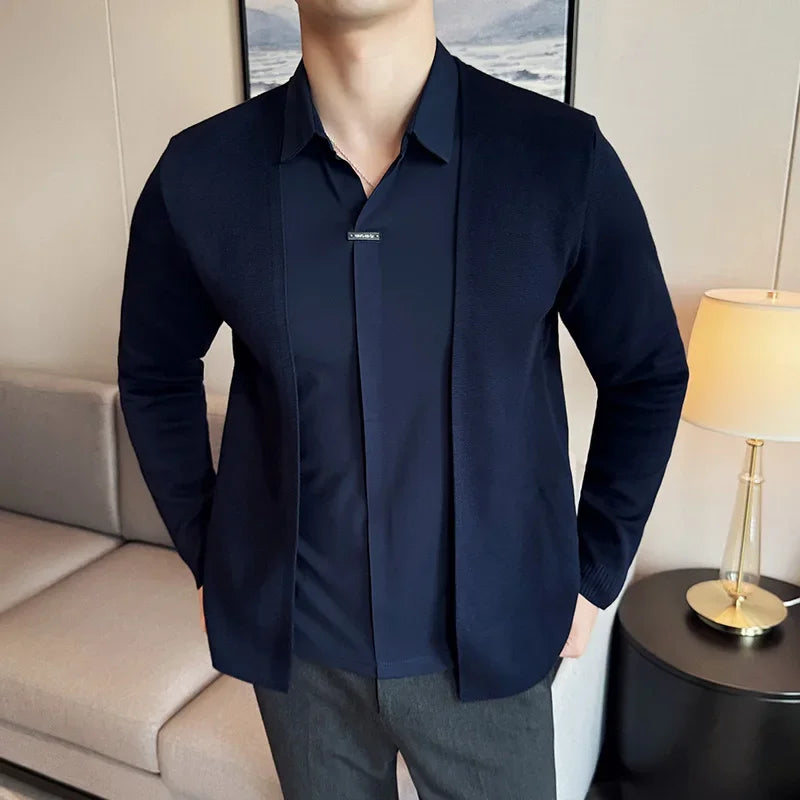 Men Fake Two Pieces Cardigan Sweater 2024 Autumn New Shirt Collar No Trace Casual Sweaters Slim Fit Pull Homme 4XL Mens Clothing