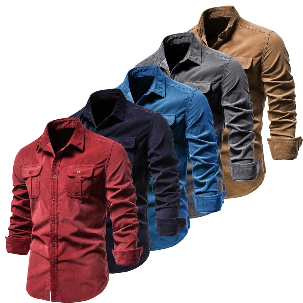 Quality New Single Breasted 100% Cotton Men's Shirt Business Casual Fashion Solid Corduroy Men Shirts Autumn Slim Dress Shirts