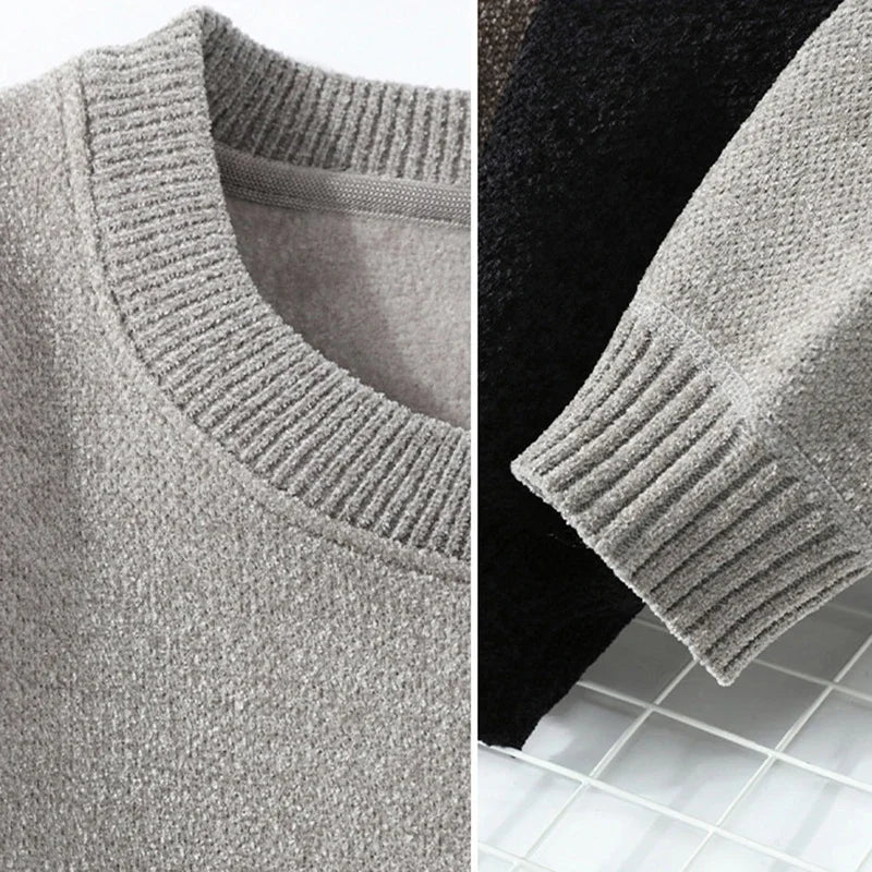 Lightweight Fleece Lined Thickened Sweater Men's Long Sleeve Knit Pullover Sweater Autumn Winter Thermal Warm Classic Sweater