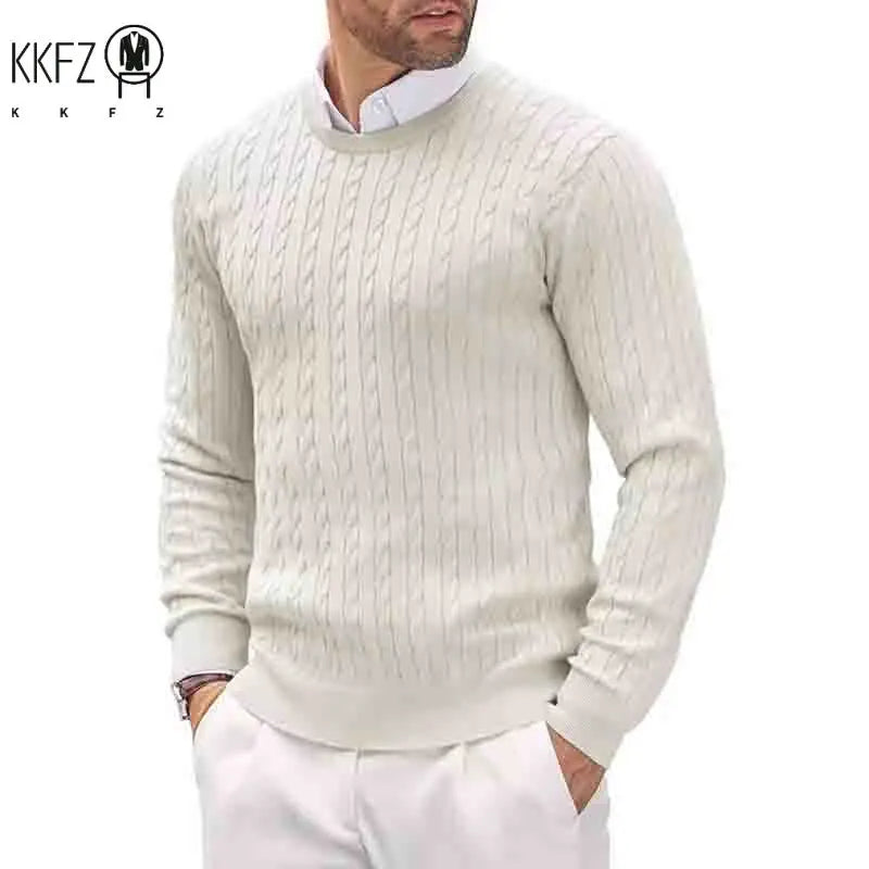 2026 New Men's Casual Sweater Round Neck Long Sleeve Knitted Sweater Diamond Pattern Fashion Versatile Top
