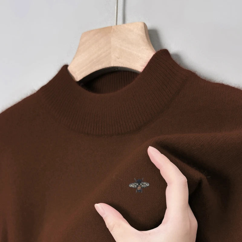 Hot Sale Luxury Brand Men's Sweater Mock-Neck Bee Embroidery Pullover Soft Warm Fashion Exquisite Thick Autumn Winter Men's Wear