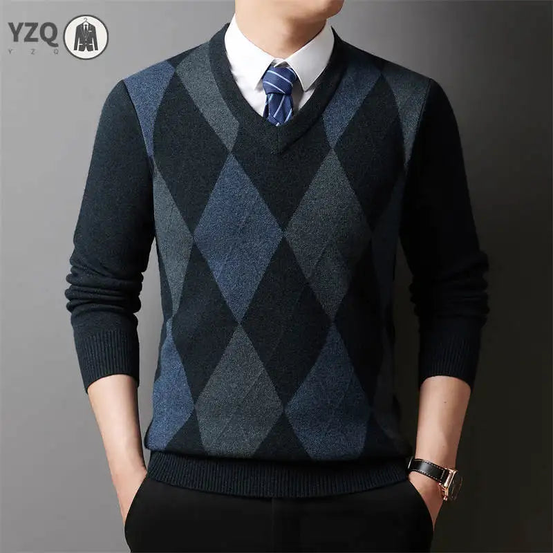 Winter Warm New Men's Plaid V-neck Long Sleeved Sweater Knitted Sweater Fashion Casual Versatile Top