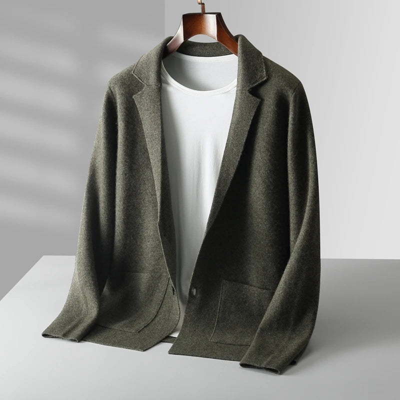 100% Pure Wool Cardigan Men's Spring And Autumn High-End Outerwear Sweater Casual Small Suit Jacket Olive Collar Sweater
