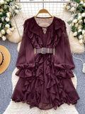 Women  Spring Dress French Elegance Chiffon Ruffle Long Sleeve High-Waist Belted Versatile Office Wear Mid Length Vestidos DS334