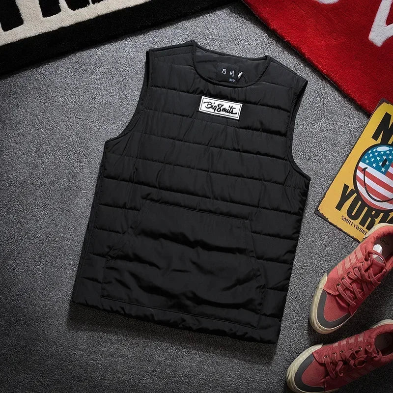 Round Neck Vest Men's Autumn Winter Padded Thickened Thermal Vest Wearing Japanese Fashion Side Zipper Sleeveless Coat Pullover