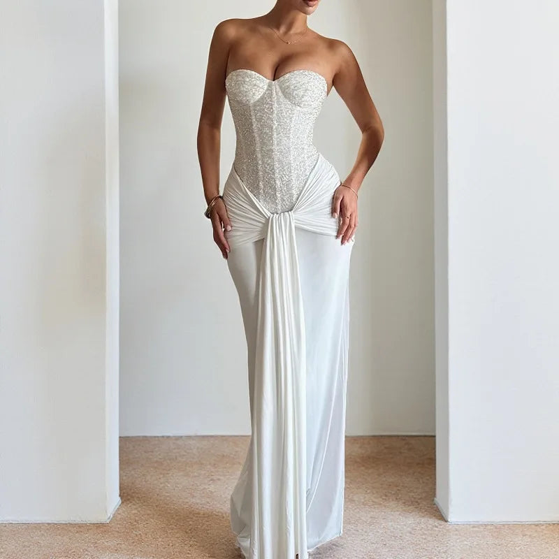 Women's Dress Fashion Backless Solid Slim Long Elegant Evening Dress Summer Ribbon Sequin Nightclub Sexy Cocktail Party Dresses