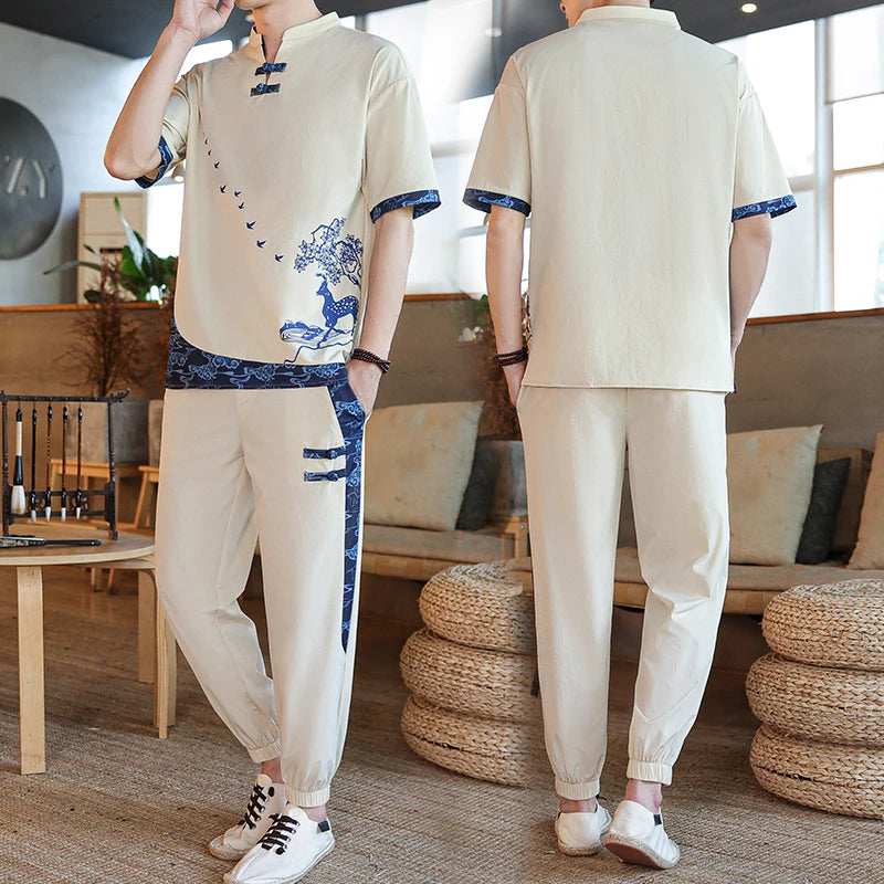 Shirts + Pants summer Cotton linen shorts sleeve shirts Men's Casual Sets Male Fashion trousers and shirts men size M-4XL TZ020