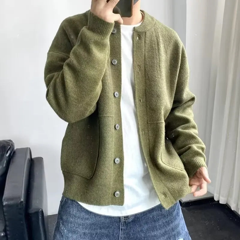 Thickened Knitted Cardigan Men's New Autumn Winter Trendy Crew Neck Sweater korean Pure Color Simple Design Cool Youth Sweater