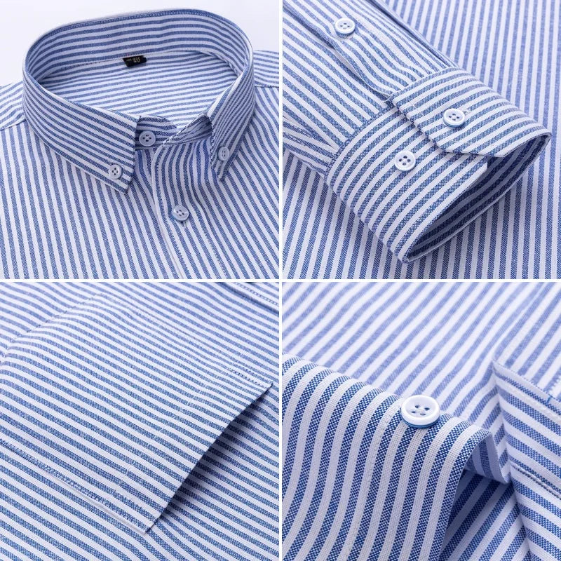 New Fashion Men's Oxford Shirts Long Sleeves Cotton Stripe Thin Soft Regular Fit Formal Shirt Pocket Social Blouse Male Clothing