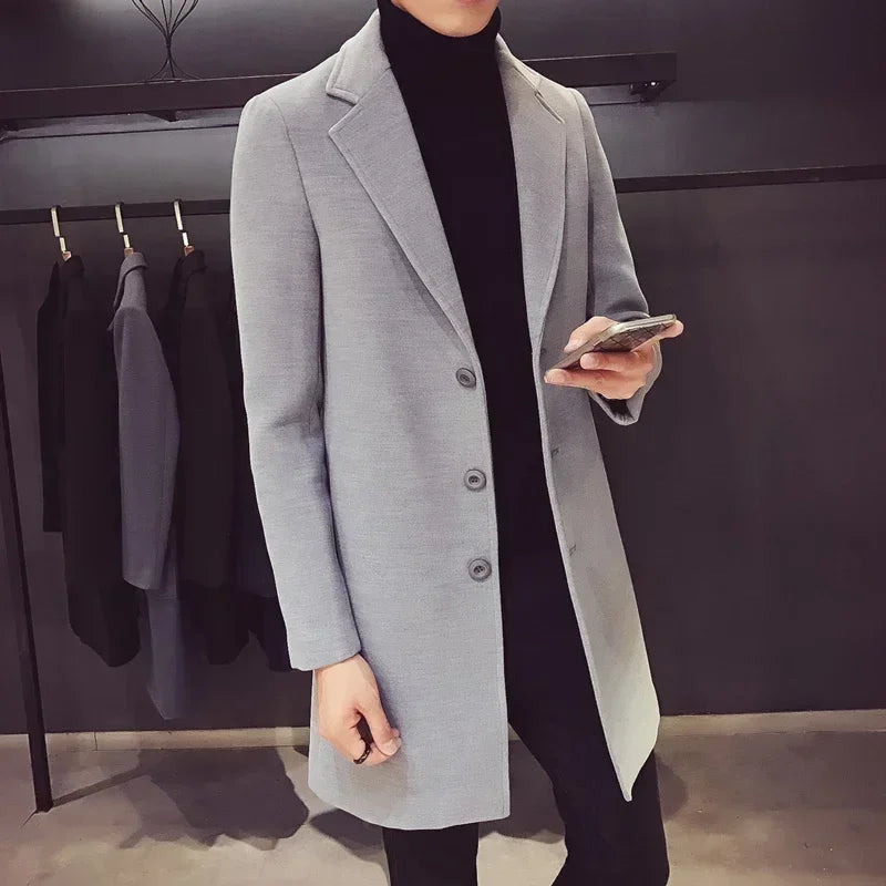 Men's Long Coat 2025 Autumn/Winter New Fashion Business Slim Fit Men's Long Coat High Quality Solid Color Casual Men's Clothing
