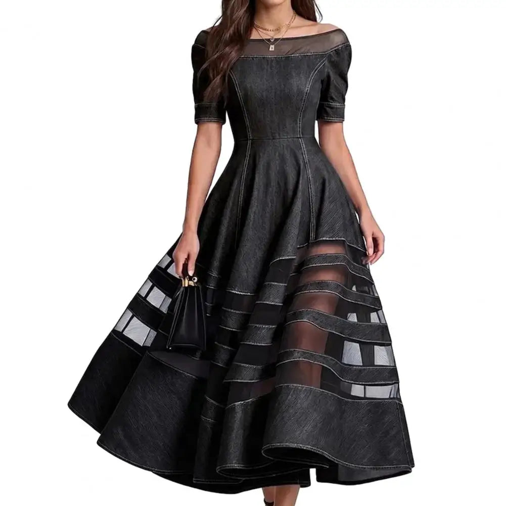 Women's Denim Dress Trendy Off Shoulder Dress Mesh Patchwork Short Sleeve A-line Swing Dress Summer Travel Vacation Long Dresses
