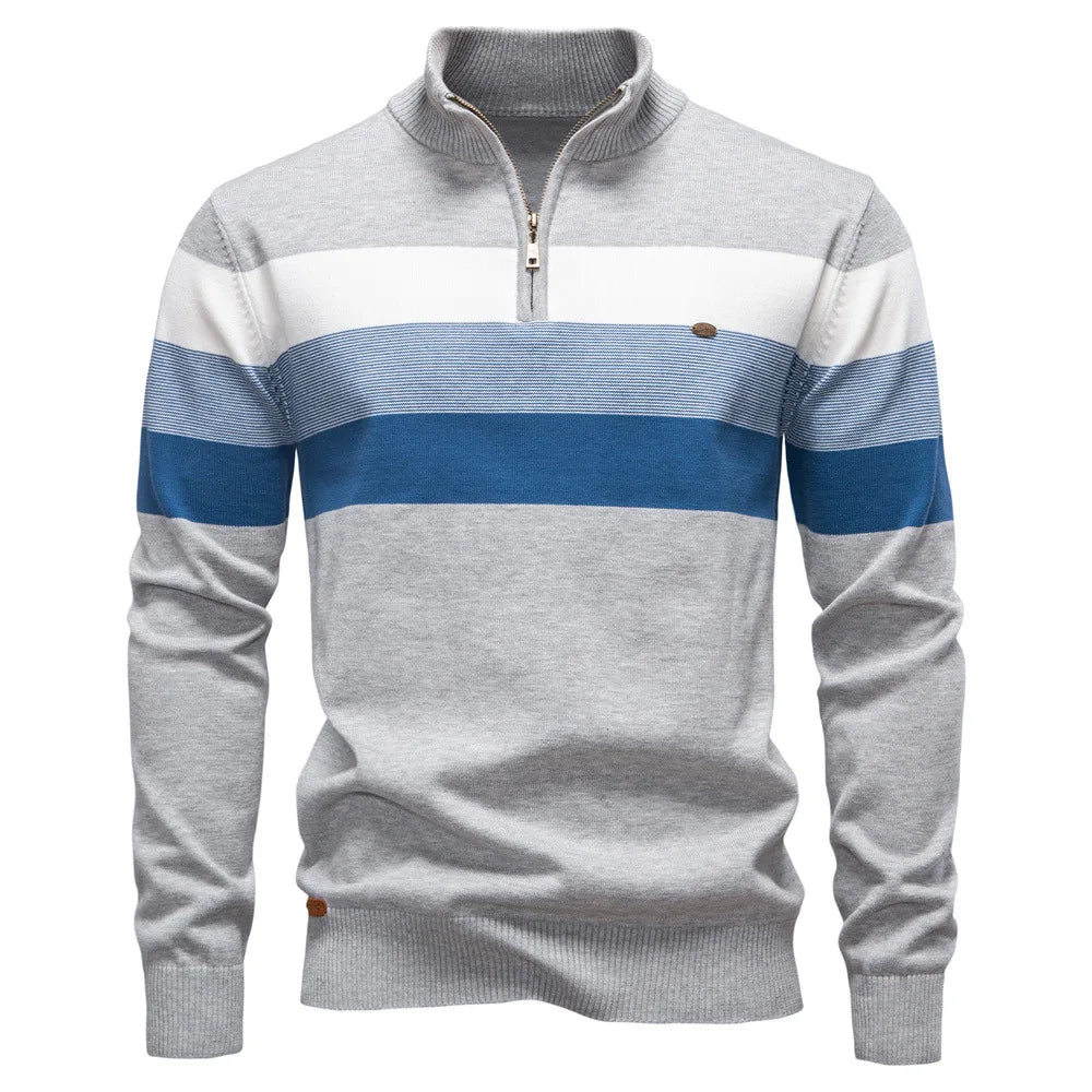 Fashion Autumn Winter Men's Half Zipper Stand Collar Striped Color-coded Casual Trendy Knitted Pullovers Male Sweaters Clothes