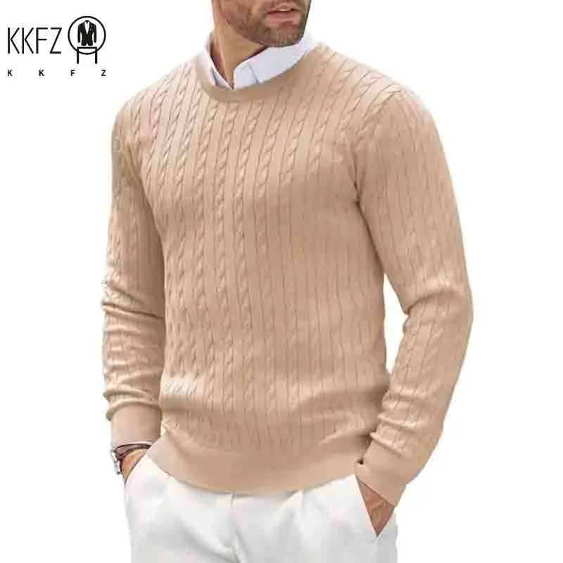 2026 New Men's Casual Sweater Round Neck Long Sleeve Knitted Sweater Diamond Pattern Fashion Versatile Top