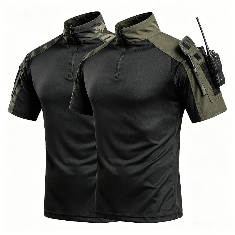 Summer Breathable Quick Dry Mens Tactical Combat Short Sleeve T-Shirts Half Zip Stand Collar Radio Pen Storage Arm Pocket Tee