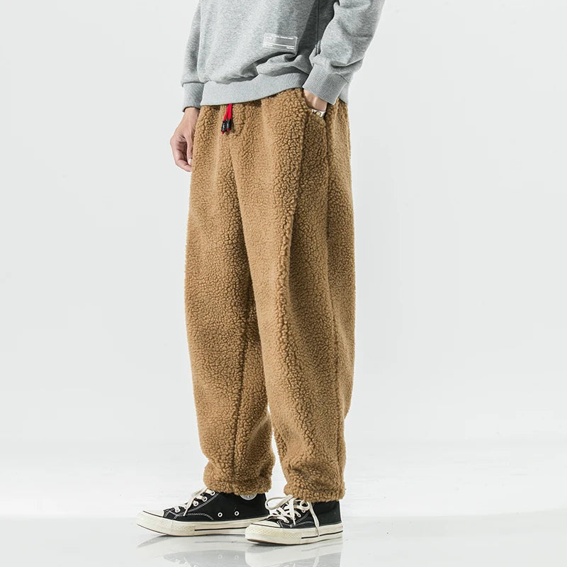 Winter Men's Lamb Wool Casual Pants Fleece Warm Elastic Waist Sweatpants Solid Thick Harem Pants Male Vintage Joggers Trousers