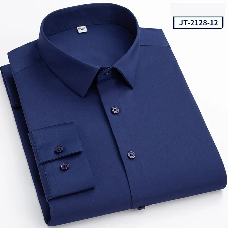 Over Size Solid Color Long-Sleeve Shirts for Men Slim Fit Formal Plain Shirt Elastic Single Pocket Tops Business Dress Clothes