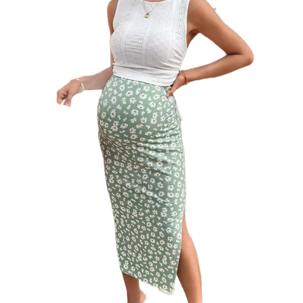 Pregnant Women Floral Print Skirt Maternity Adjustable Waist Side Split Skirts New 2026 Spring Summer Casual Pregnancy Clothing