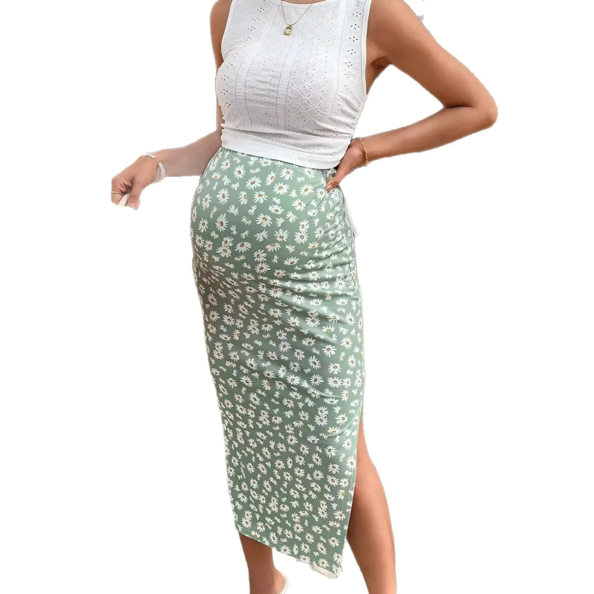 Pregnant Women Floral Print Skirt Maternity Adjustable Waist Side Split Skirts New 2026 Spring Summer Casual Pregnancy Clothing
